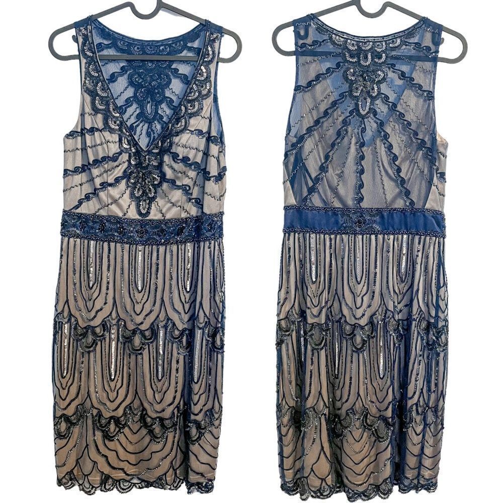 Sue Wong Beaded Sequin Flapper Mini Dress Blue 10 - Picture 6 of 7